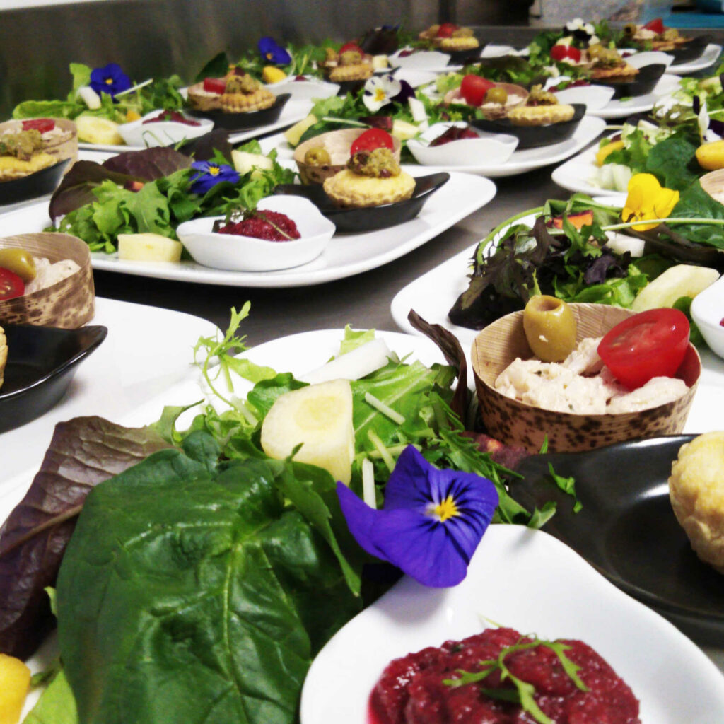 buffet raffiné audelices-de-july à Castelnaudary, assiettes colorées avec crudités, olives et fleurs comestibles,