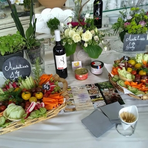 Plateaux de crudités colorées et vins par audelices-de-july lors d'un apéritif convivial à Castelnaudary,