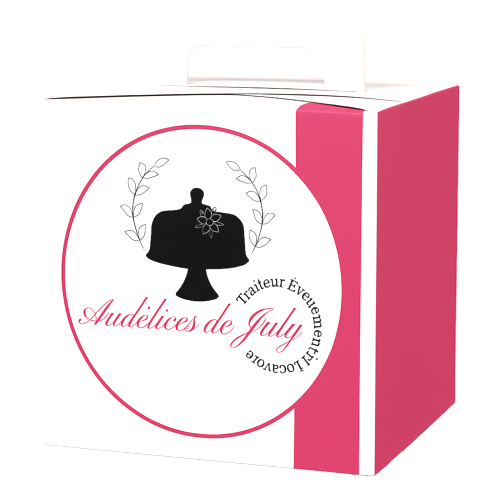 boîte pâtisserie raffinée audelices-de-july Castelnaudary, logo cloche à gâteau, traiteur événementiel en Occitanie,
