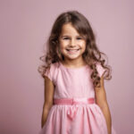 fillette souriante en robe rose pour audelices-de-july à Castelnaudary sur fond pastel chaleureux,