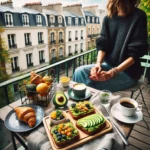 Brunch gourmand audelices-de-july à Castelnaudary sur un balcon avec café, croissant et fruits frais,